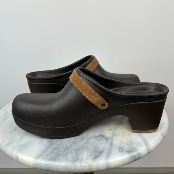 CROCS Women's Sarah Suede Buckle Slip On Brown Rubber Mules Heeled Clogs (Sz 10) - Picture 4 of 10